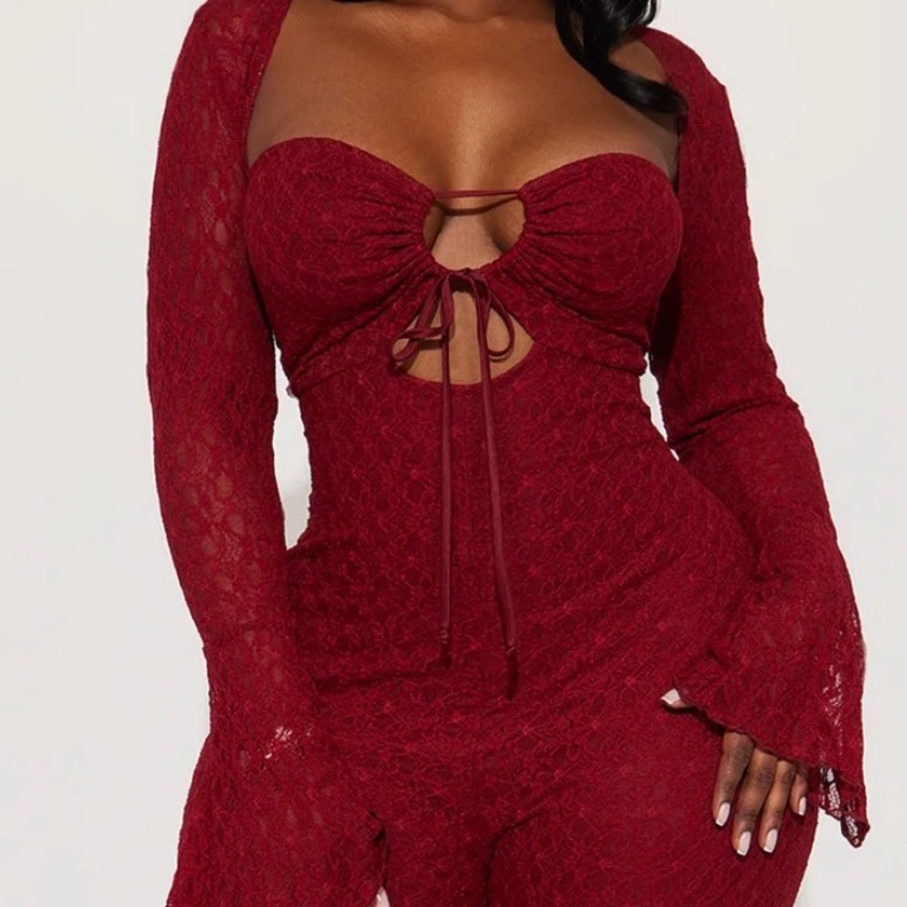 Fashion Nova Burgundy Lace Skinny Jumpsuit with Tie Front